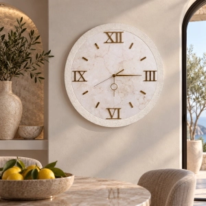 Horloge Murale D 57 cm - Moderne avec Effet Marbre Blanc Détails Dorés