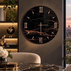 Horloge ronde D65 cm en verre trempé effet marbre noir - TOHE
