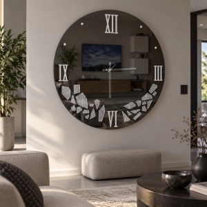Horloge murale D65 cm ronde en verre miroir fumé avec décors gris - HILDI