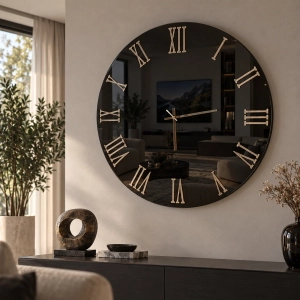 LUX D65 cm runde Wanduhr mit Spiegel und bernsteinfarbenen Ziffern