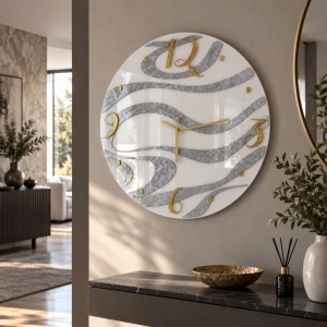 Horloge murale Flow Ø 65 cm en verre et plexiglas - Blanche avec chiffres dorés
