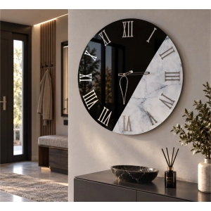 Horloge murale ronde ECLIS 65 cm - Verre miroir fumé et marbre blanc