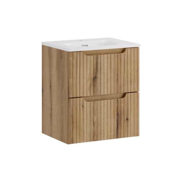 Meuble de Salle de Bain 50 cm 2 Tiroirs en Chêne et Lavabo en Céramique Blanche