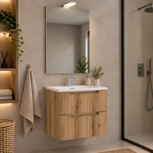 Meuble de Salle de Bain 50 cm 2 Tiroirs en Chêne et Lavabo en Céramique Blanche