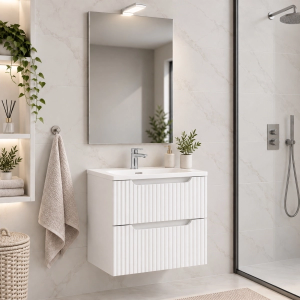 Meuble de Salle de Bain Suspendu Blanc 50 cm 2 Tiroirs avec Lavabo