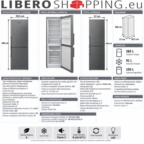 Frigorifero Doppia Porta 186x60 cm 320L Atlantic Grigio