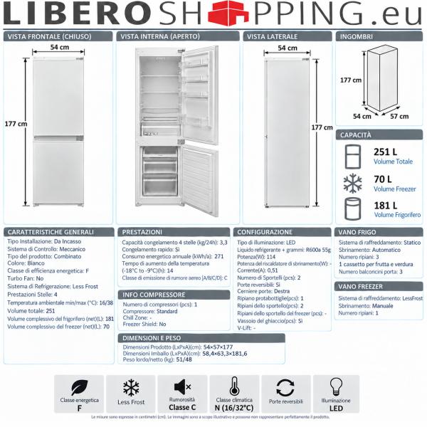 Frigorifero da incasso Doppia Porta 177x54 cm 320L Atlantic Bianco