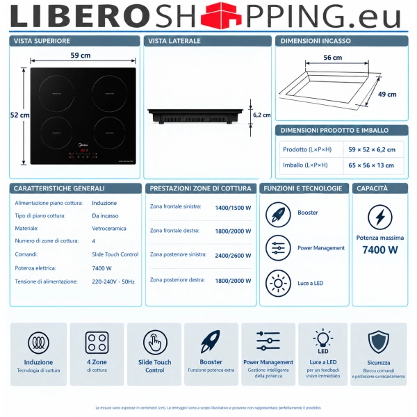 Piano Cottura a induzione 60X52 cm 4 zone Midea