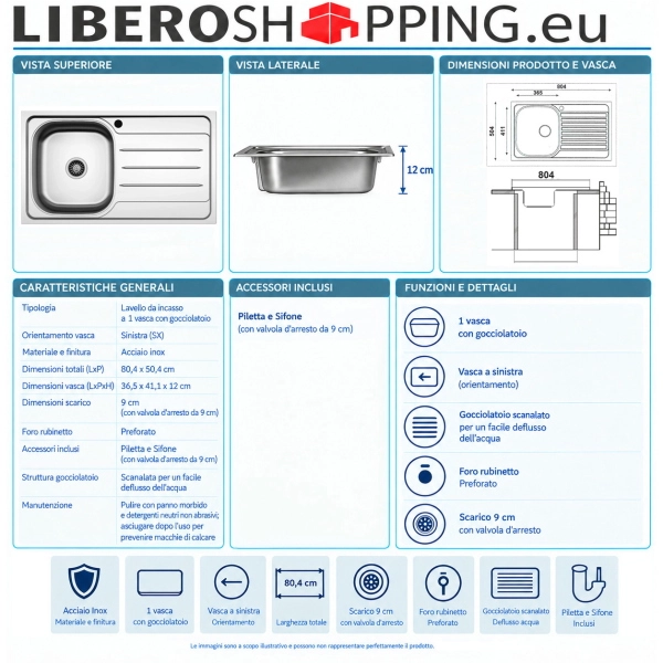 Fregadero empotrable de 1 cubeta Izquierda 80x50 cm acero inoxidable con escurridor
