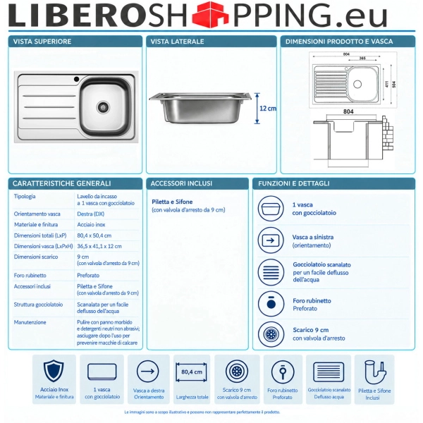Fregadero empotrable de 1 cubeta Derecha 80x50 cm acero inoxidable con escurridor