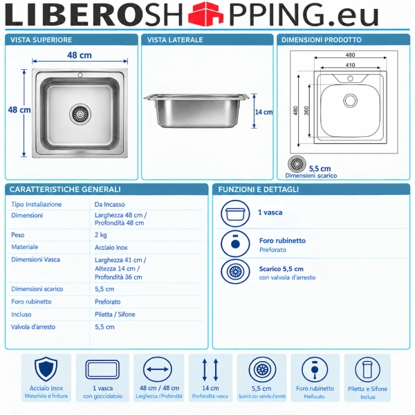 Built-in 1-bowl utility sink 48x48 cm stainless steel
