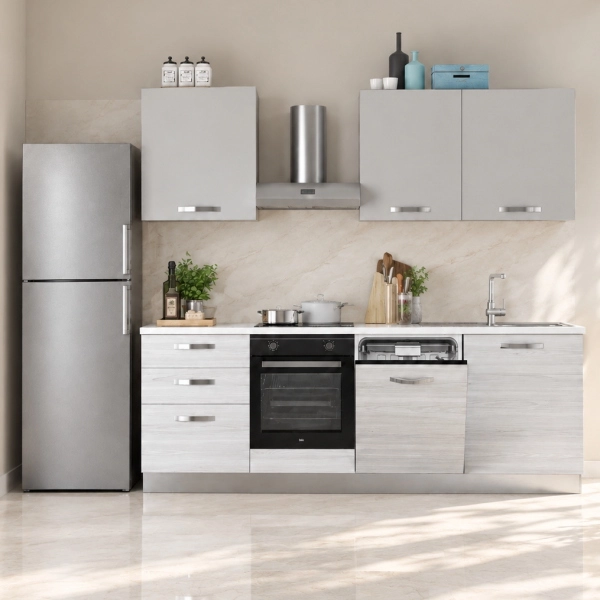 Reversible Küche 240 cm mit Spülmaschinenschrank Weiß und Grau