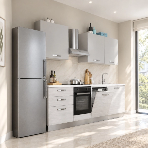 Reversible Küche 240 cm mit Spülmaschinenschrank Weiß und Grau