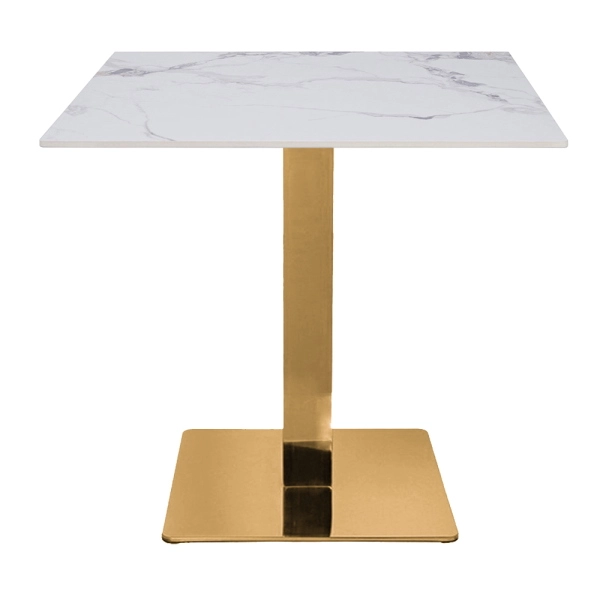 Gastronomie- und Bar-Esstisch für den Außenbereich 80x80 cm in geädertem Marmor-Look und Goldgestell H 75