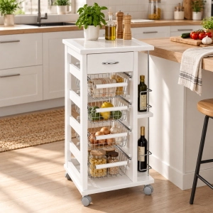 Platzsparender Trolley mit Obstkörben und Flaschenhaltern Weiß