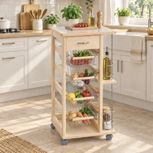 Platzsparender Trolley mit Obstkörben und Flaschenhalter Natural