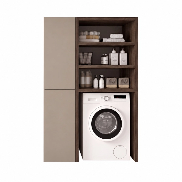 Waschmaschinenschrank aus Holz 119x182h cm mit Regalen und Hochschrank - Taubengrau/Kaffee