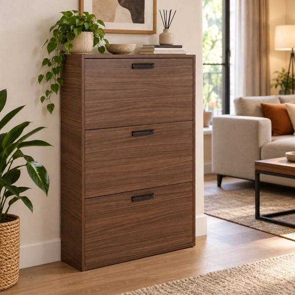 Platzsparender Schuhschrank 3 Klappen 77xh124 cm Nussbaum