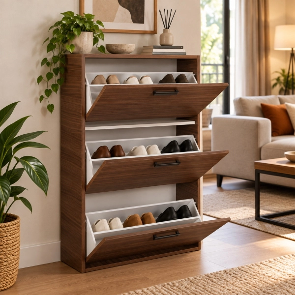 Platzsparender Schuhschrank 3 Klappen 77xh124 cm Nussbaum