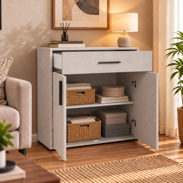 Kommode / Mehrzweckschrank 81x90 cm Hellbeton mit Schublade und 2 Türen