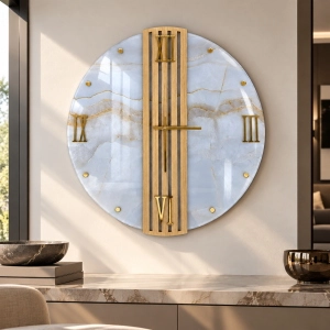 Orologio Parete Tondo 65 cm Vetro Marmo Onice e Doghe Rovere