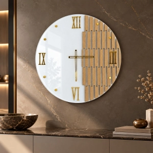 Orologio Parete Design 65 cm Vetro Bianco e Doghe Legno