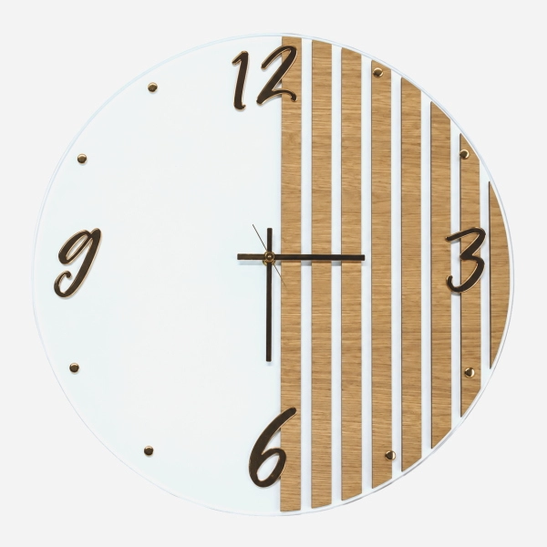 Runde Wanduhr 65 cm Weißglas Eichenlatten und Goldene Zahlen