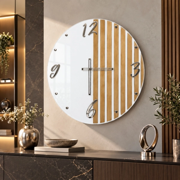 Reloj de Pared Moderno 65 cm Cristal Blanco y Roble