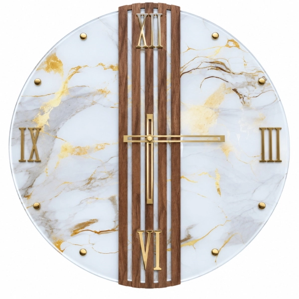 Reloj de Pared Redondo 65 cm Cristal Efecto Mármol y Lamas de Nogal