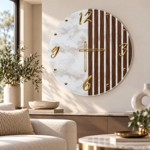 Reloj de Pared Moderno de Cristal 65 cm Efecto Mármol y Nogal