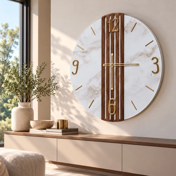 Horloge Murale 65 cm Cannelée Noyer Verre Marbre