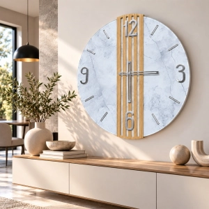 Reloj de Pared Redondo 65 cm Cristal Mármol Lamas de Roble