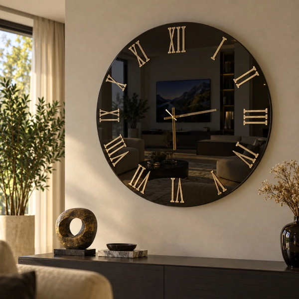 Runde Wanduhr LUX D65 cm Bronzespiegel und bernsteinfarbene Zahlen
