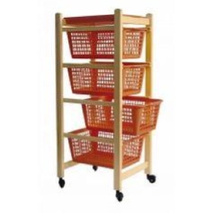 JOLLY fruit trolley with baskets in orange plastic and Natural wood.