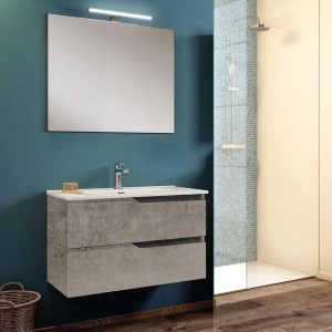 Meuble de salle de bain suspendu moderne et peu encombrant 62 cm avec 2 tiroirs et poignées rainurées effet béton