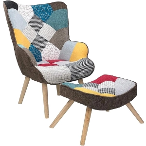Poltrona e pouf in tessuto patchwork con gambe in legno seduta imbottita