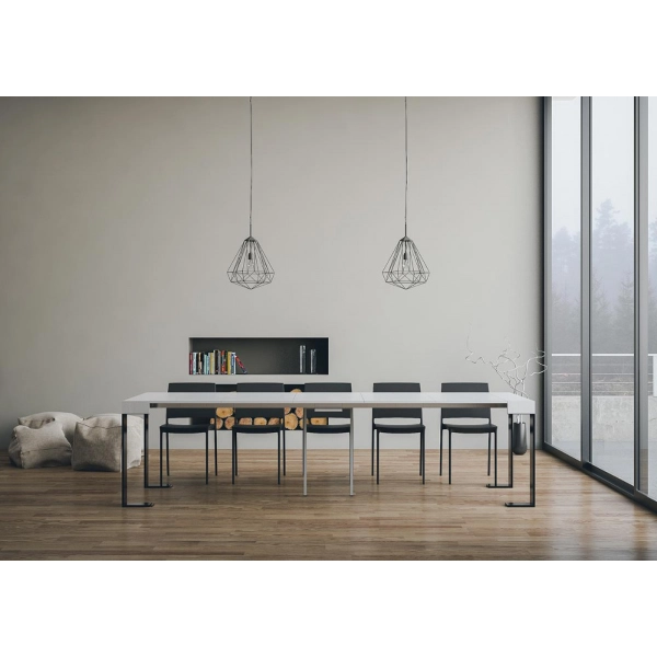 Console TECNO extensible jusqu'à 300 cm, modèle Frêne Blanc, structure anthracite