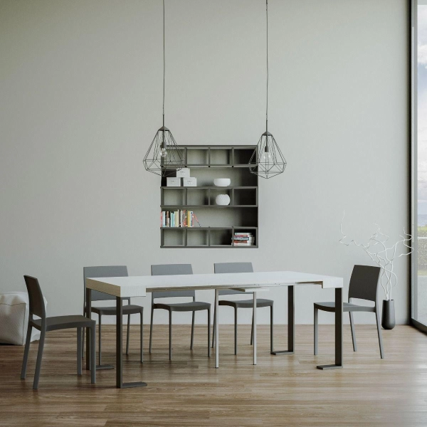 Console extensible moderne TECNO SMALL pour 10 personnes, frêne blanc, structure anthracite