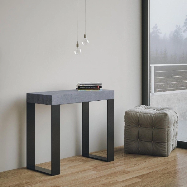 Table console extensible TECNO SMALL 10 places, gain de place, en ciment avec structure anthracite