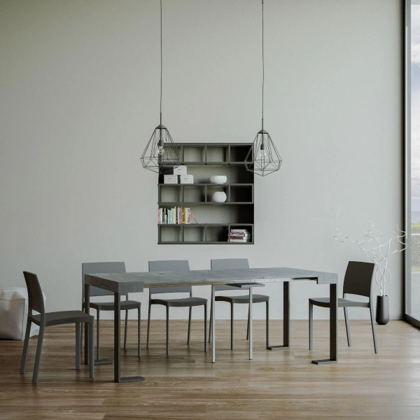 Table console extensible TECNO SMALL 10 places, gain de place, en ciment avec structure anthracite