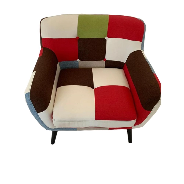 Armchair in patchwork fabric 84 cm with legs in solid wood upholstered seat