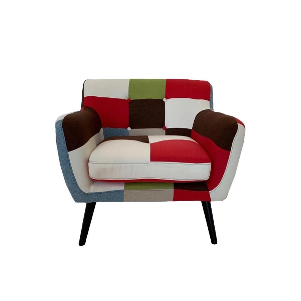 Armchair in patchwork fabric 84 cm with legs in solid wood upholstered seat