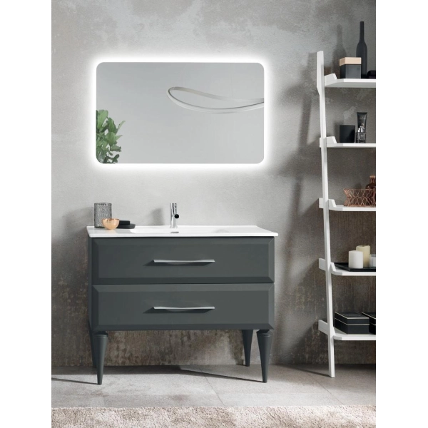 Modern ground bathroom cabinet base 100 CLEIDE with 2 drawers and matt anthracite washbasin...