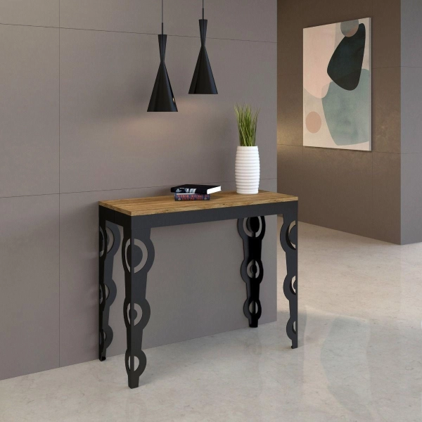 Table console extensible KARAMAY EVOLUTION 300 cm en chêne naturel, 14 places