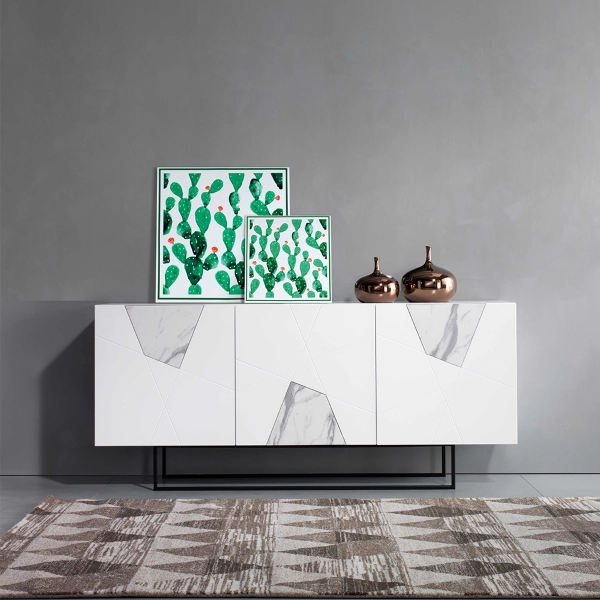 Aparador de 3 puertas en madera blanca y cristal efecto mármol 180 cm - ADEL