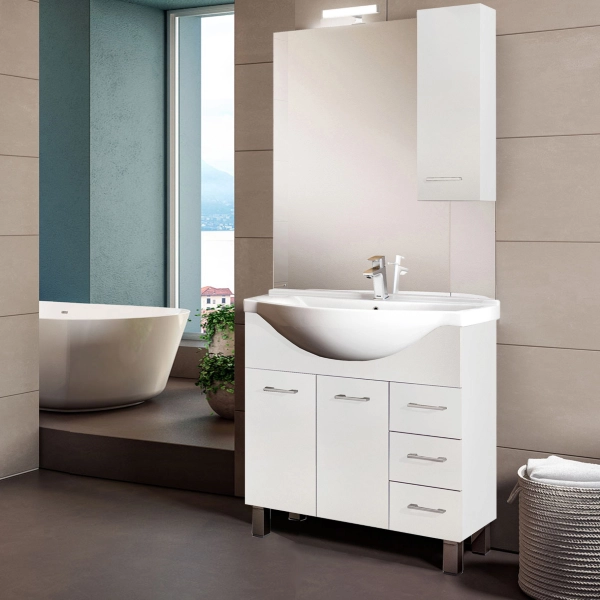 Mueble de baño de suelo 2 puertas 3 cajones espejo y lámpara LED blanco brillo