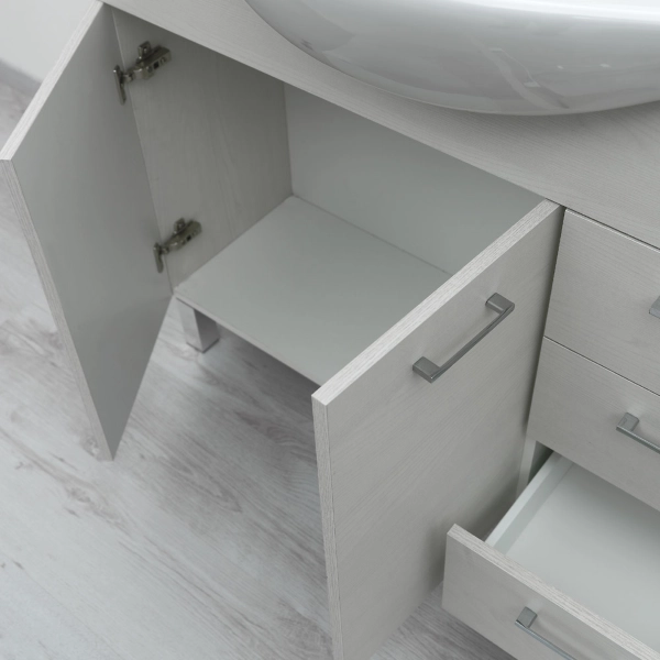 Bodenstehender Badezimmerschrank 2 Türen 3 Schubladen Spiegel und LED-Lampe aus weißer Eiche