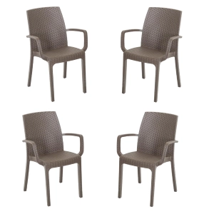Sedia poltrona indiana in simil rattan per esterno interno set 4 pezzi CAFFÈ
