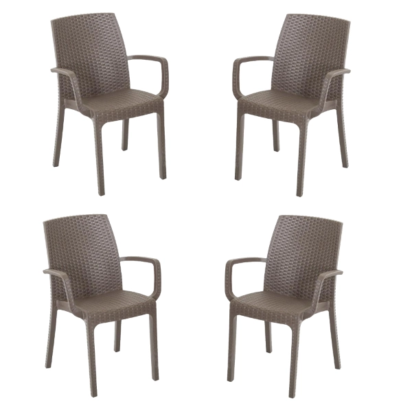 Sedia poltrona indiana in simil rattan per esterno interno set 4 pezzi CAFFÈ