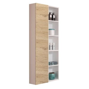 Reversible suspended column 60x22 with door and open compartments Glossy White-Natural Oak